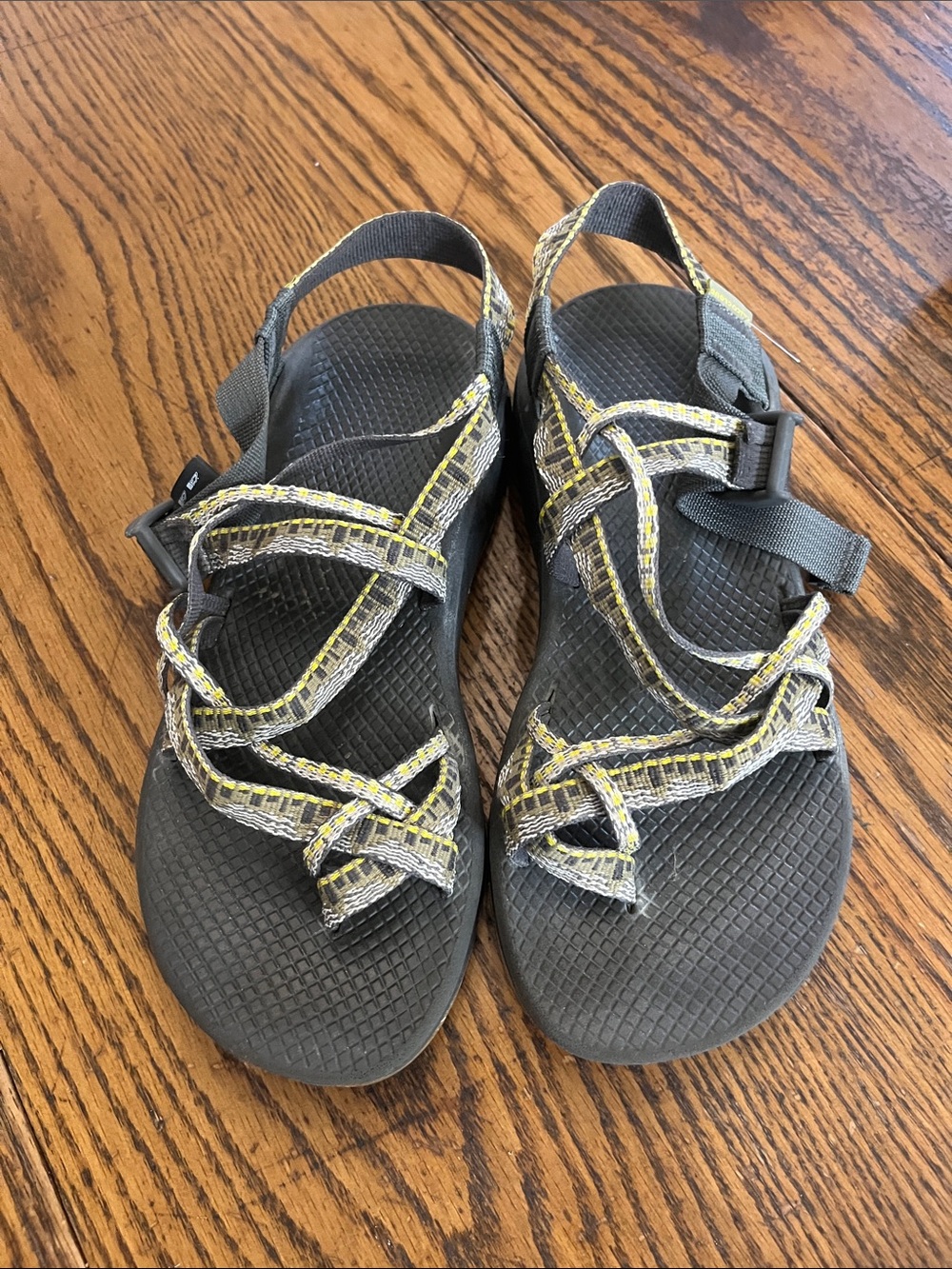 Chaco women's black gray hiking sandals with yellow trim